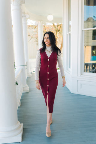 Burgundy Sleeveless Button Up Midi Dress