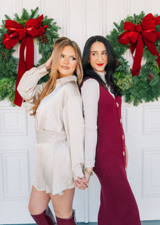 Cream Satin Button Up Drop Waist Dress