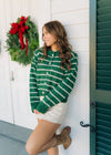Green Striped Button Front Collar Sweater