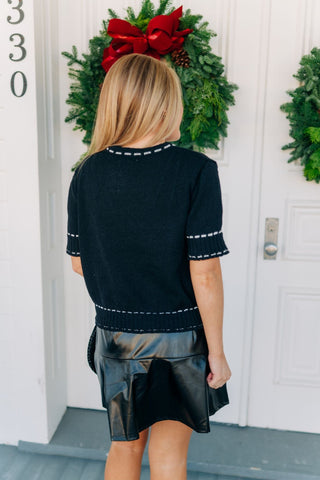 Black Stitch Detail Short Sleeve Top