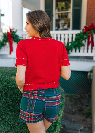 Red Stitch Detail Short Sleeve Top