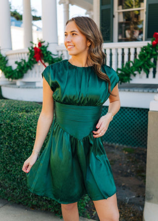 Green Satin Ruched Mini Dress