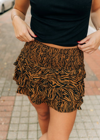 Tiger Print Ruffle Smocked Mini Skort