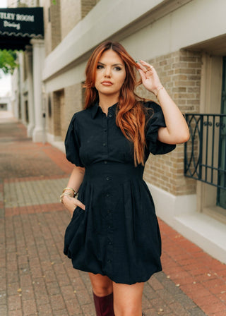 Black Bubble Hem Button Up Dress