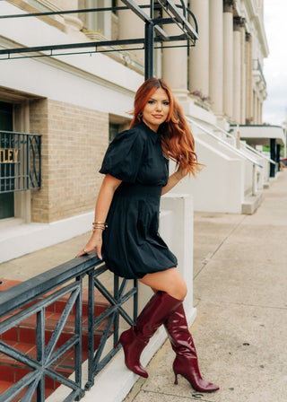 Black Bubble Hem Button Up Dress