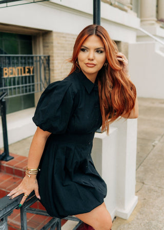Black Bubble Hem Button Up Dress