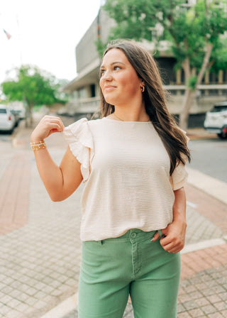 Beige Ruffle Short Sleeve Blouse
