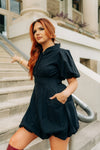 Black Bubble Hem Button Up Dress