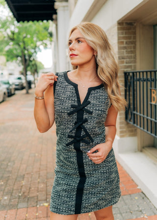 Black Bow Front Tweed Mini Dress