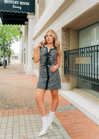 Black Bow Front Tweed Mini Dress