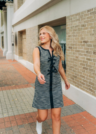 Black Bow Front Tweed Mini Dress