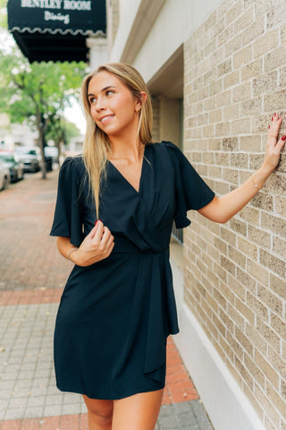 Black Ruffle Wrap Mini Dress