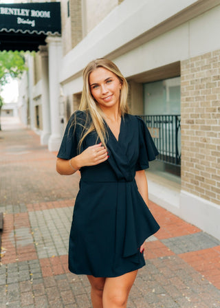 Black Ruffle Wrap Mini Dress