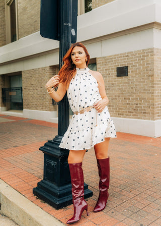 Cream Polka Dot Halter Mini Dress