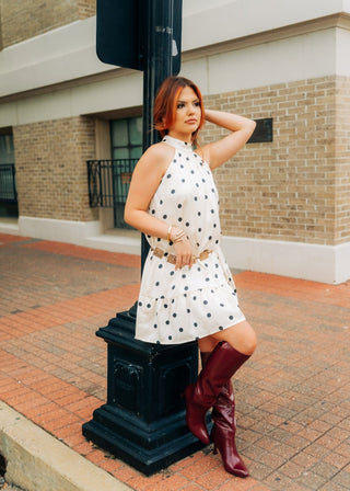 Cream Polka Dot Halter Mini Dress
