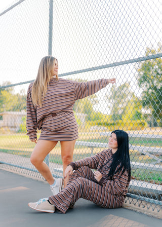 Brown & Tan Striped Top & Skort Set