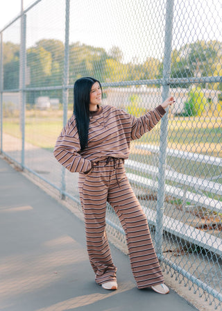 Brown Striped Mock Neck Pant Set