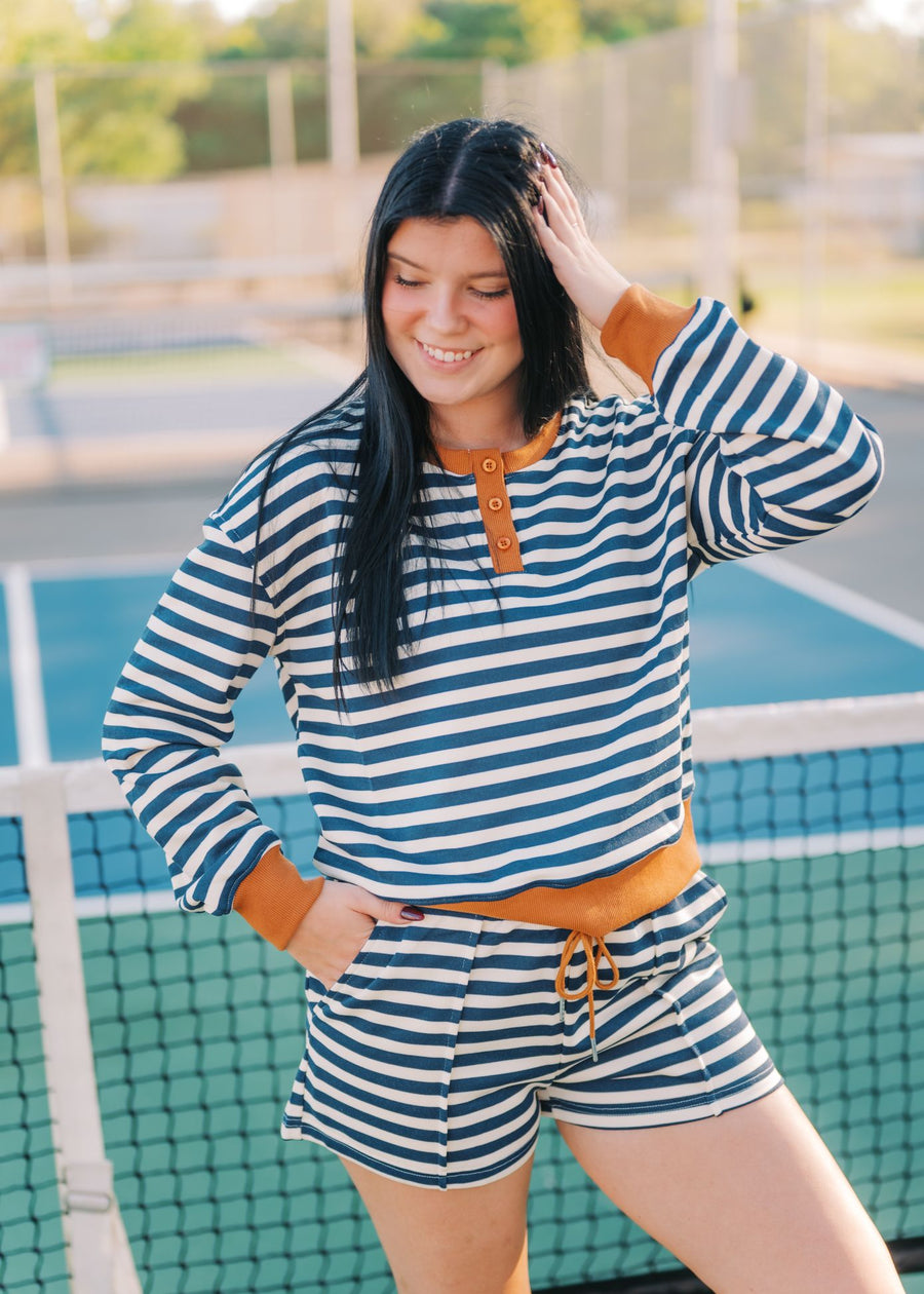 Navy Striped Contrast Short Set