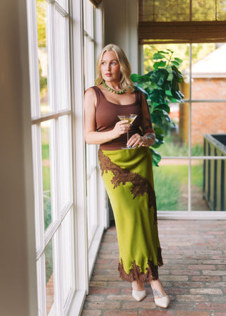 Green & Brown Lace Maxi Skirt