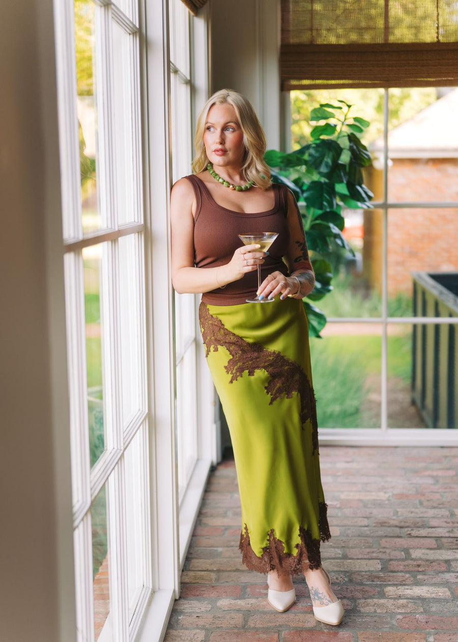 Green & Brown Lace Maxi Skirt