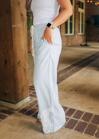 Blue Striped Drawstring Embroidered Pants