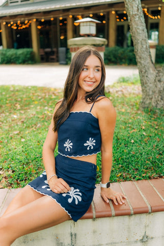 Navy Linen Embroidered Set