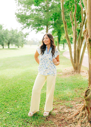 Blue & Yellow Floral V-Neck Blouse