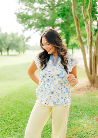 Blue & Yellow Floral V-Neck Blouse
