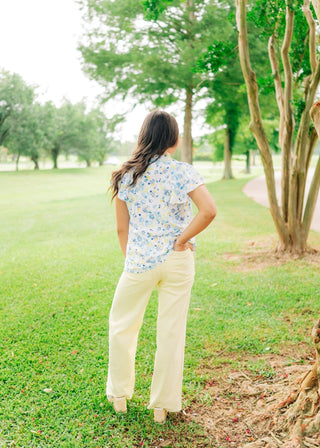 Blue & Yellow Floral V-Neck Blouse