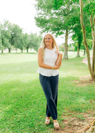 Navy Linen Blend Wide Leg Trousers
