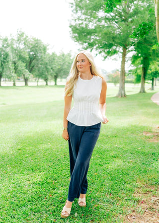 Navy Linen Blend Wide Leg Trousers