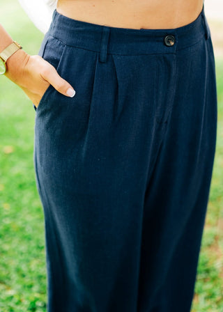 Navy Linen Blend Wide Leg Trousers