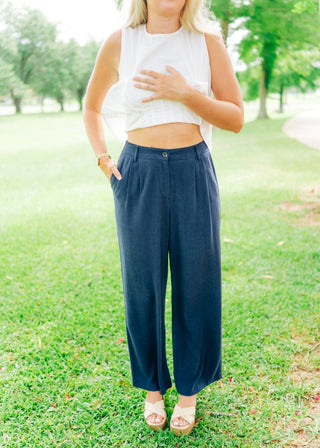 Navy Linen Blend Wide Leg Trousers