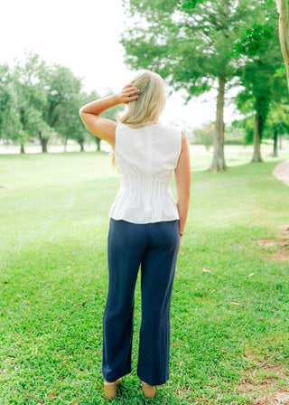Navy Linen Blend Wide Leg Trousers
