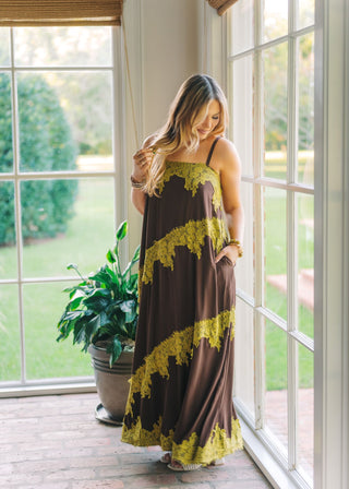 Brown & Green Lace Maxi Dress