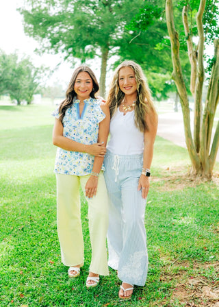 Blue Striped Drawstring Embroidered Pants
