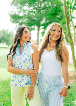 Blue & Yellow Floral V-Neck Blouse