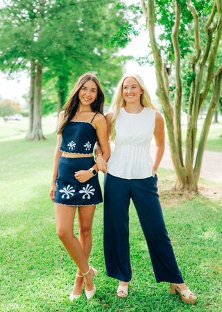 Navy Linen Blend Wide Leg Trousers