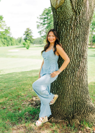 Light Wash Tie Back Wide Leg Jumpsuit