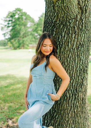 Light Wash Tie Back Wide Leg Jumpsuit