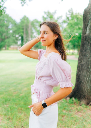 Lilac Eyelet Lace Square Neck Blouse