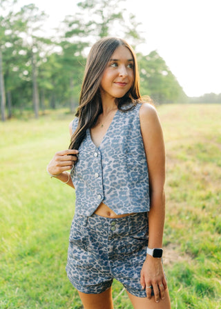Leopard Denim Vest & Short Set