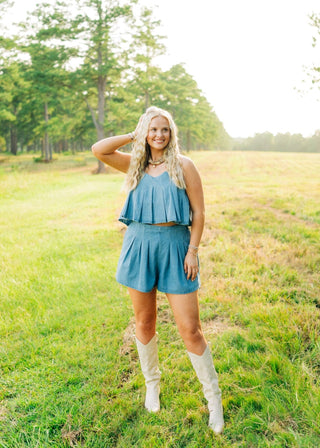 Denim Pleated Skort Set