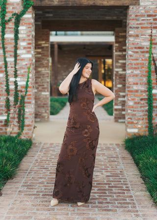 Brown Applique Mesh Maxi Dress