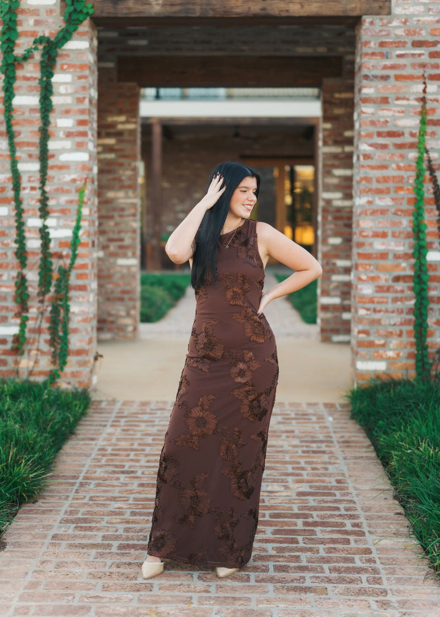 Brown Applique Mesh Maxi Dress