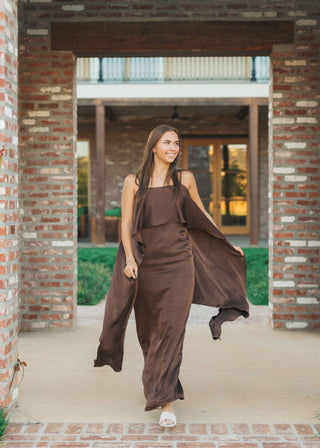 Brown Satin Ruffle Drape Maxi Dress