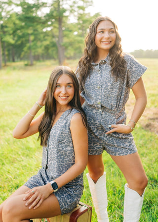 Leopard Denim Button Up Romper