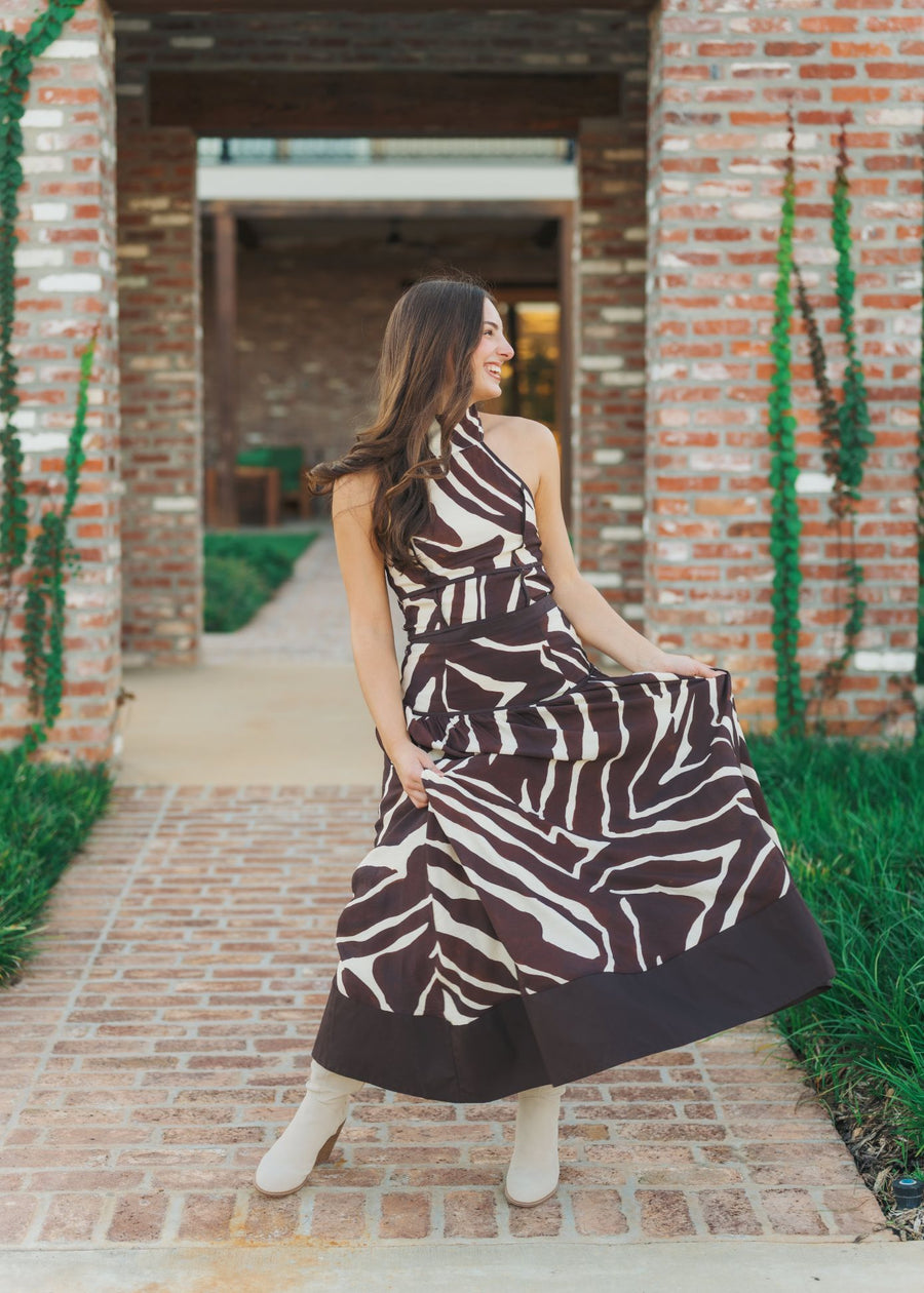 Brown Tiger Halter Top & Maxi Skirt Set