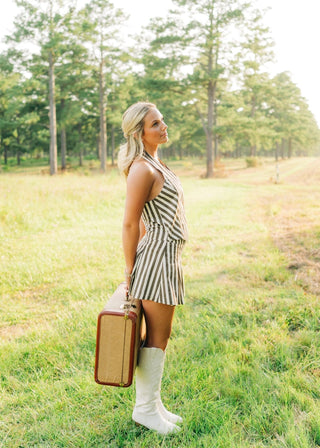 Brown Striped Pleated Vest Dress