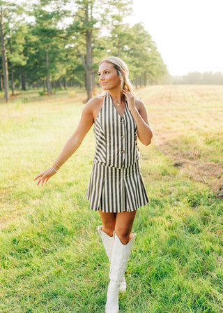 Brown Striped Pleated Vest Dress